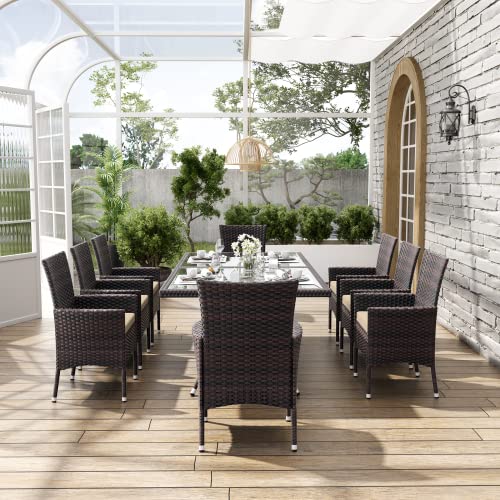 ALAULM 10 Piece Outdoor Patio Dining Set for 8 All-Weather Wicker Patio Furniture Set w/Tempered Glass Tabletop, Removable Cushions and Umbrella Hole for Patio, Backyard, Garden, Poolside (Brown)