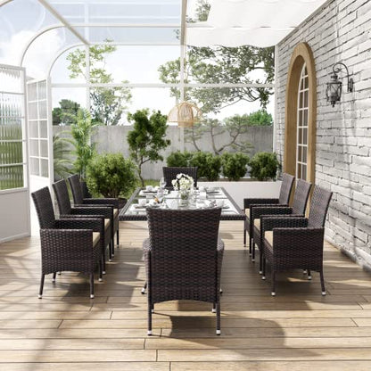 ALAULM 10 Piece Outdoor Patio Dining Set for 8 All-Weather Wicker Patio Furniture Set w/Tempered Glass Tabletop, Removable Cushions and Umbrella Hole for Patio, Backyard, Garden, Poolside (Brown)