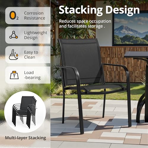 SUNCROWN 7 - Piece Outdoor Dining Set, Patio Furniture Set with 6 x Textilene Dinning Chairs and 1 Steel Slat Metal Bistro Table for Lawn Garden Backyard Deck, Black