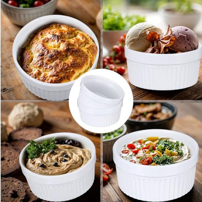 4 Pack Ramekins 12 Oz Oven Safe, Creme Brulee Set, Porcelain Souffle Dish for Baking, Soup Bowls for French Onion Soup White