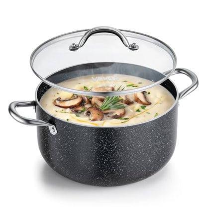 VEVOR Aluminum Stock Pot, 8-Quart Nonstick Ceramic Coated Pot with Glass Lid, PFOA-Free, PFAS-Free, Compatible with Gas Stoves, Induction Cooktops, Electric Stoves, for Soups, Stews, and Pasta