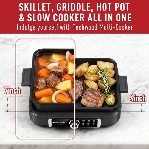 Electric Skillet, Techwood 7.5-Quart 2-in-1 Versatile Multi-Cooker with 5-Level Heat Settings, Come with Removable Non-stick Skillet Pan& Cooking Pot, Dishwasher Safe, 1500W, Black (Black)