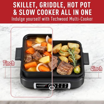 Slow Cooker, Techwood 1500W Electric Skillet 7.5-Quart Extra-large Capacity Multi-Cooker with 5-Level Heat Settings, Come with Non-stick Skillet Pan & Cooking Pot, Dishwasher Safe, Black