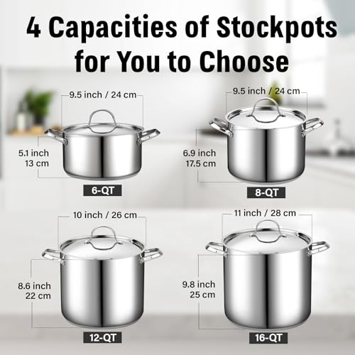 Cooks Standard Classic Stainless Steel Stock Pot with Lid, Large Cooking Pot for Pasta, Soup, Spaghetti, Oven Safe, Dishwasher Safe, Induction Compatible Cookware, 12-Quart