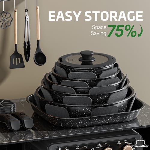 OzawaBear 26 Pcs Pots and Pans Set Non Stick, Ceramic Cookware Set Non Toxic with Detachable Handles, Healthy Induction Cookware Oven Safe RV Kitchen Set, PFAS PFOA & PTFE Free, Black