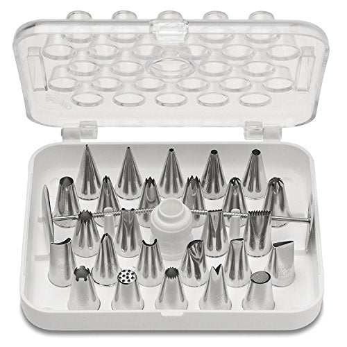Ateco 29 Piece Cake Decorating Set, Includes 26 Stainless Steel Tubes, 1 Standard Coupler, 2 Flower Nails in Hinged Storage Box