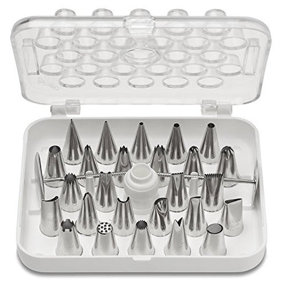 Ateco 29 Piece Cake Decorating Set, Includes 26 Stainless Steel Tubes, 1 Standard Coupler, 2 Flower Nails in Hinged Storage Box