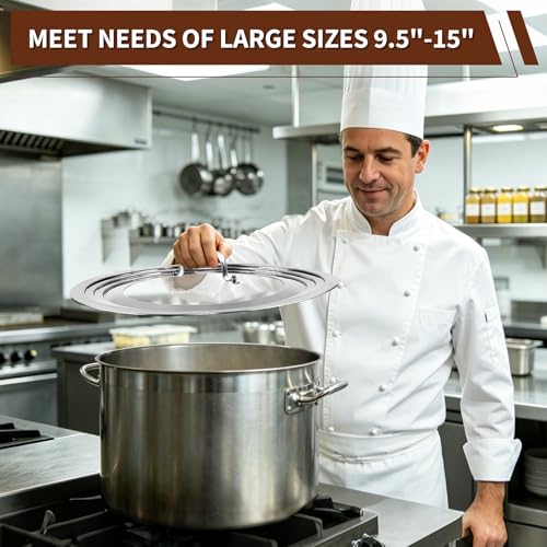 15 Inch Extra Large Universal Lid for Pots, Pans and Skillets, Pan Lid Fits 9.5/10/11/12/13/14/15 Inch Cookware, Stainless Steel & Tempered Glass Replacement Frying Pan Lid, Dishwasher Safe