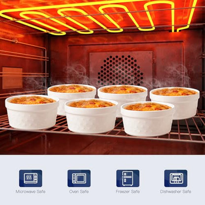 Feenmai 6 Oz Ramekins Oven Safe, Creme Brulee Ramekins Set of 8, Ceramic Souffle Dish, White Porcelain Snowflake Baking Bowls for Dessert, Pie, Tart, Souffles, Appetizers