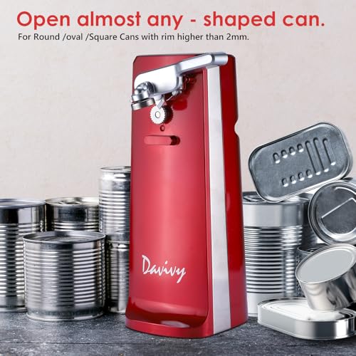Davivy Electric Can Opener - One-Touch Hands-Free Operation, Removable Stainless Steel Cutter, 3-in-1 Design with Knife Sharpener & Bottle Opener (Red)