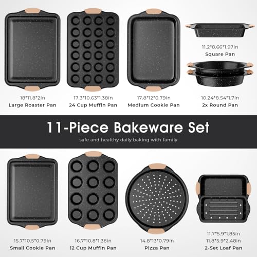 Slow Slog 11-Piece Baking Pans Set, Nonstick Bakeware Sets, Oven Pans for Baking with Silicone Handles, Includes Cookie Sheet, Cake Pans, Loaf Pan, Pizza Pan, Muffin Pan, Khaki&Black