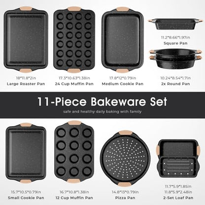 Slow Slog 11-Piece Baking Pans Set, Nonstick Bakeware Sets, Oven Pans for Baking with Silicone Handles, Includes Cookie Sheet, Cake Pans, Loaf Pan, Pizza Pan, Muffin Pan, Khaki&Black