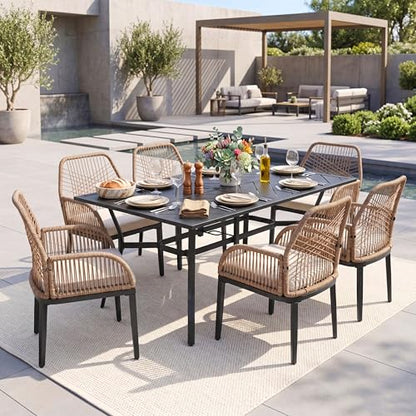 NUU GARDEN 7-Piece Patio Table and Chairs with Cushions, Outdoor Dining Set for 6, Rectangular Metal Table and Rattan Chairs with Umbrella Hole for Lawn Garden Backyard Deck, Brown