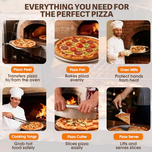 Bonteck Pizza Peel Aluminum Metal Pizza Spatula Kit | 12x14 Inch Foldable Handle Paddle | 6Pcs Pizza Oven Accessories with Rocker Cutter, Pizza Pan, Pizza Server, Oven Mitts, for Family Oven Baking