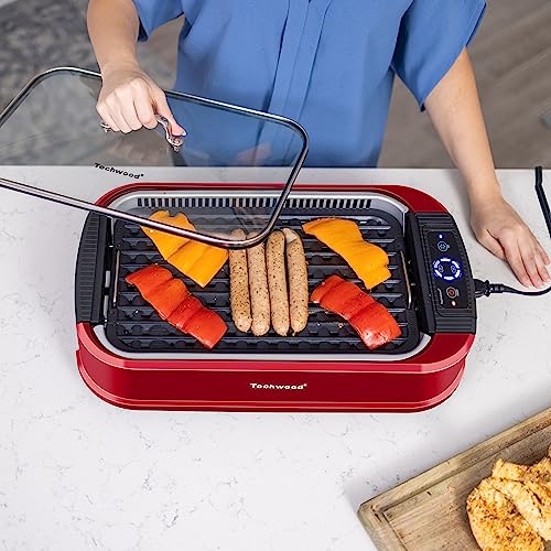 Indoor Smokeless Grill, Techwood 1500W Electric BBQ Grill with Temperature Control, Korean Grill Removable Non-Stick Grill & Griddle Plates, Tempered Glass Lid, Red