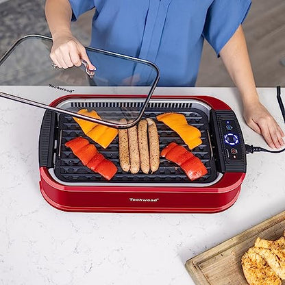Indoor Smokeless Grill, Techwood 1500W Electric BBQ Grill with Temperature Control, Korean Grill Removable Non-Stick Grill & Griddle Plates, Tempered Glass Lid, Red