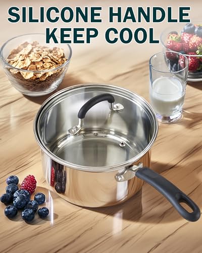 Cook N Home Professional Stainless Steel Saucepan with Lid, Multipurpose Sauce Pan Kitchen Pot, Stay-Cool Silicone Handle, Dishwasher Safe, Compatible with Most Cooktops, 3-Quart