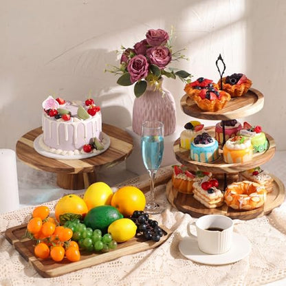 RattanView 7 Pcs Wood Dessert Table Display Set Wooden 3 Tie Cupcake Stands Rustic Round Cake Stand Wood Dessert Serving Trays for Wedding Baby Shower Birthday Tea Party(Brown)