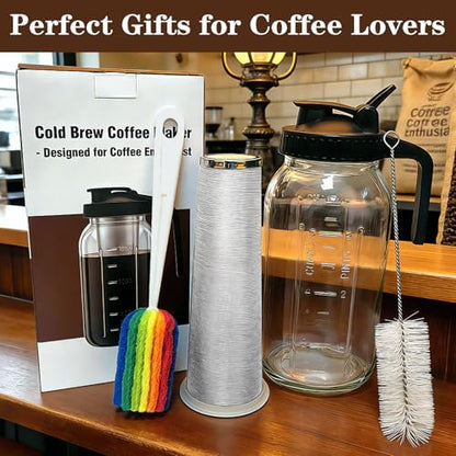 Cold Brew Coffee Maker, 64oz Cold Brew Pitcher with Stainless Steel Filter & Coffee Mat, Glass Cold Brew Mason Jar with Airtight Lid, Cold Brew Brewer Kit Tea Infuser Pitcher, Gifts for Coffee Lovers