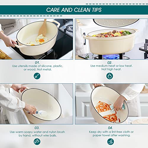vancasso Enameled Cast Iron Dutch Oven, 9.3 Quart Dutch Oven Pot with Lid, Oval Cast Iron Pot with Non Stick Enamel Coating for Bread Baking, White