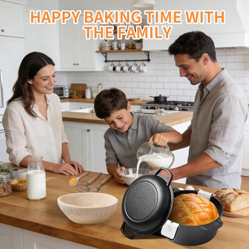 Pre-Seasoned Cast Iron Dutch Oven for Bread Baking - incl. Sourdough Bread-Baking Supplies like Proofing Basket, 2-in-1 Dutch Oven Pot with Skillet Lid and Dual Handles, Sour Dough Tools, Lame, 5QT