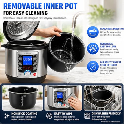 KINGBULL 14-in-1 Electric Pressure Cooker 6 Quart, Stainless Steel Multi Cooker with LCD Display, Slow Cooker, Rice Cooker, Steamer, Sauté, Yogurt Maker, Warmer, DIY Mode, Black