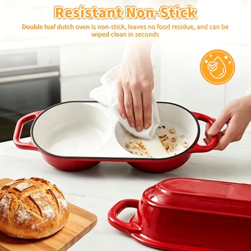 Mini Double Dutch Oven For Sourdough Bread Baking, 2.2QT Enameled Cast Iron Dutch Oven Pot With Lid, Non Stick Dual Round Bread Loaf Pan, 500°F Oven Safe, Sourdough Baking Pan For Homemade Baking