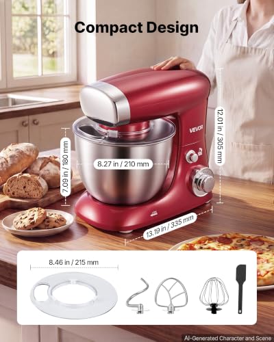 VEVOR 4.2 Qt Tilt Head Stand Mixer 400W Electric Dough Mixer, 6 Speeds Food Kitchen Mixer with Stainless Steel Bowl, Splash Guard, Dough Hook, Whisk, Beater, for Baking Mixing Whipping
