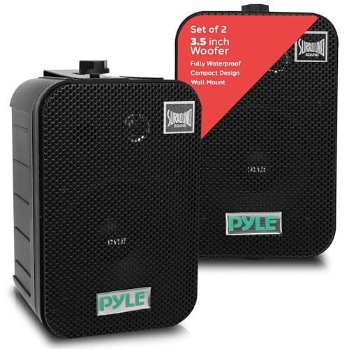Pyle - Outdoor Speaker System Wired (Pair), Marine Grade 2 Way 300W Peak Power, 3.5" Woofer and 1" Tweeter, Universal Mount For Wall or Ceiling, Use in Pool, Patio, Boat, Deck or Home Theater (Black)