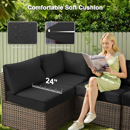 TANGJEAMER 5 Piece Patio Furniture Set with Fire Pit Table, Outdoor Sectional Sofa PE Rattan, Patio Conversation Sets with Cushions for Garden Lawn Balcony Porch Deck Black