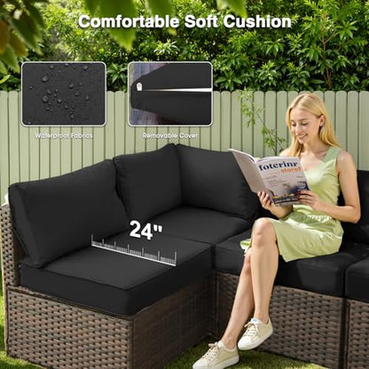 TANGJEAMER 5 Piece Patio Furniture Set with Fire Pit Table, Outdoor Sectional Sofa PE Rattan, Patio Conversation Sets with Cushions for Garden Lawn Balcony Porch Deck Black
