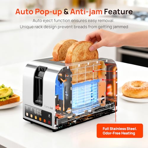 Toaster 2 Slice, Consciot Smart Touch Screen Toasters with 6 Browning Levels, Timer, Reheat/Defrost/Cancel, Extra-Wide Slots, Removable Crumb Tray, Auto Pop-up & Anti Jam, Peak 925W, Stainless Steel
