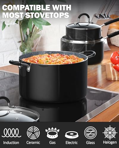 Cook N Home 1-Quart Nonstick Saucepan with Lid, Professional Granite Sauce Pan Non Stick Small Pots for Cooking with Stay-Cool Silicone Handle, Heavy Gauge Aluminum Induction Cookware, Marble