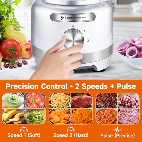 Homtone 16 Cups Food Processor, Large Food Chopper with French Fry Cutter, 9 Functions 7 Blades for Shredding, Slicing, Doughing for Home Use, 3 Speeds, 600W