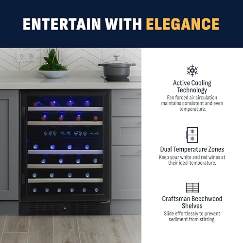 NewAir 24" Dual Zone Wine Fridge for 46 Bottles | Built-In or Freestanding Wine Cooler Refrigerator with Glass Door | Quiet Cooling & Adjustable Shelves for Red and White Wine | Black Stainless Steel