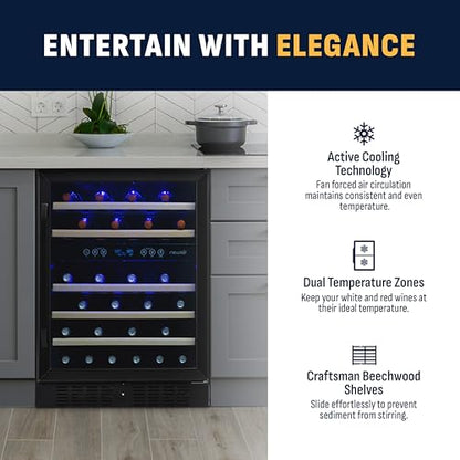 NewAir 24" Dual Zone Wine Fridge for 46 Bottles | Built-In or Freestanding Wine Cooler Refrigerator with Glass Door | Quiet Cooling & Adjustable Shelves for Red and White Wine | Black Stainless Steel
