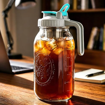 Mason Jar Cold Brew Coffee Maker 32 Oz Wide Mouth Cold Brew Pitcher 1 Quart Airtight & Leakproof Mason Jar Pitcher With Stainless Steel Fine Mesh Filter For Coffee, Iced Tea, Sun Tea, Lemonade