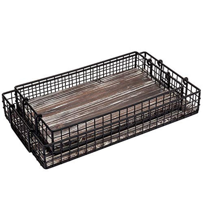 MyGift 16 and 14 Inch Large Nesting Countertop Storage Baskets with Handles, Rustic Torched Wood and Black Metal Wire Decorative Shelf Organizer Bins, 2 Piece Set