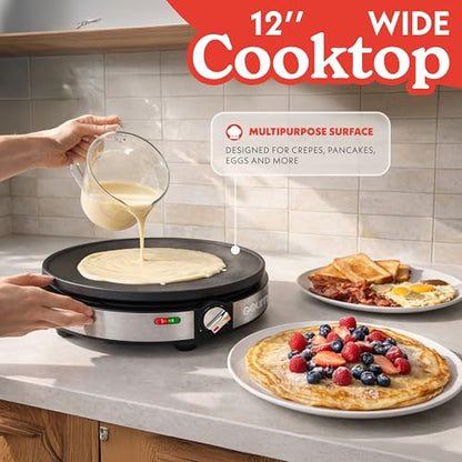 Gourmia 12” Crepe Maker – Nonstick Electric Griddle for Pancakes, Omelets & More, Precise Temp Control with Indicator Lights, Includes Spatula & Batter Spreader, Quick Cleanup, Stainless Steel Trim