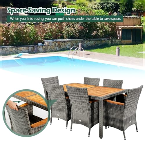 Tangkula 9 Pieces Rattan Outdoor Dining Set with 13Ft Solar Patio Umbrella for 6, Outdoor Wicker Table Set with 8 Cushioned Chairs, Acacia Wood Top, Outdoor Umbrella with Base Included