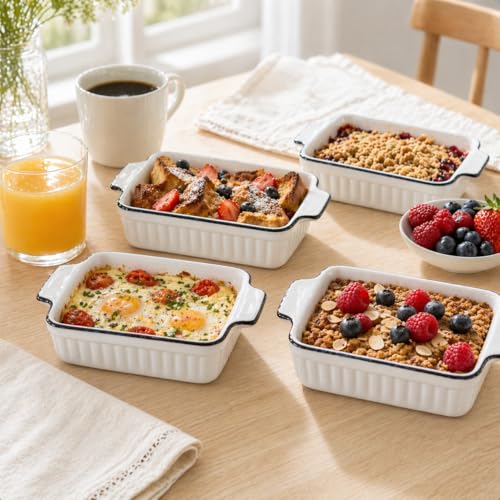 DLIM HOME 12 Oz Casserole Dish, Ceramic Baking Dishes Sets of 4, Small Casserole Dish with Handle, Porcelain Bakeware Sets, 5" Rectangular Baking Serving Dish for Casserole, Cakes, Dishwasher Oven Safe