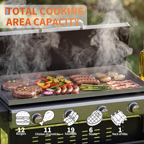 Grills 4 Burner Propane Gas Grill 32,000 BTU Stainless Steel Outdoor Patio Barbecue Grill Propane Gas Griddle with Removable Cart Portable Griddle for Outdoor Cooking, BBQ Camping, Backyard