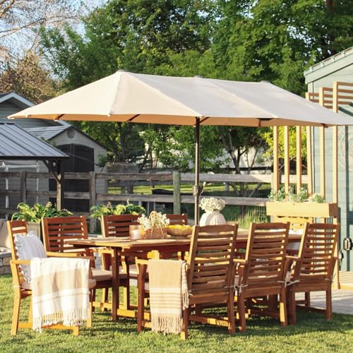 PHI VILLA 7pc Outdoor Dining Set, Expandable Wood Table w/Umbrella Hole