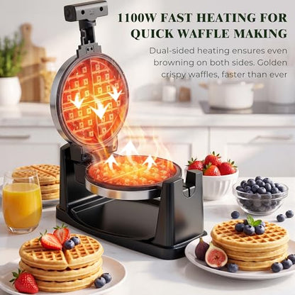 CATTLEMAN Waffle Maker, Rotating Belgian Waffle Maker with Magnetic Timer, 180° Flip Waffle Iron, Nonstick Plates, Adjustable Browning, Drip Tray, Cool Touch Handle for Crispy Family Breakfast