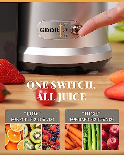 GDOR 1200W Juicer, 3.2" Wide Chute, Titanium-Enhanced Blade, Heavy-Duty Copper Motor, Dual Speed Centrifugal Juice Extractor, BPA-Free, Silver