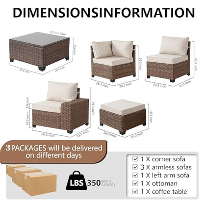 PAIQIAN 7 Pieces Patio Furniture Set - All-Weather Wicker Outdoor Sectional Sofa, Rattan Patio Conversation Sofa with Coffee Table for Porch, Beige/Brown