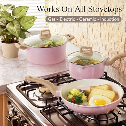 CAROTE Ceramic Cookware Set, 14 PCS Pots and Pans Set Non Stick, Pot and Pan Set with Frying pan, Induction Ready Cooking Set for Kitchen, PFOS/PFOA/PFAS Free, Pink