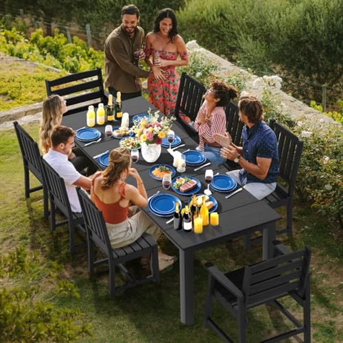 LOUNZY 9 Pieces Patio Dining Sets,Outdoor HDPE Furniture Set for 8 w/ 2" Hole Cut-Out Dining Table with 8 Patio Chairs(2 W/Armrest, 6 w/o Armrest),Black