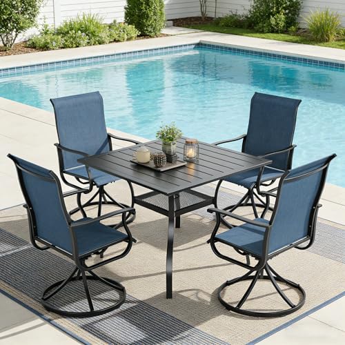 SUNCROWN 5-Piece Outdoor Patio Dining Set, All Weather Square Metal Table & 4 Dark Blue Swivel Textilene Mesh Chairs, Weather Resistant Patio Furniture for Deck Lawn Garden Backyard Poolside