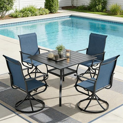SUNCROWN 5-Piece Outdoor Patio Dining Set, All Weather Square Metal Table & 4 Dark Blue Swivel Textilene Mesh Chairs, Weather Resistant Patio Furniture for Deck Lawn Garden Backyard Poolside